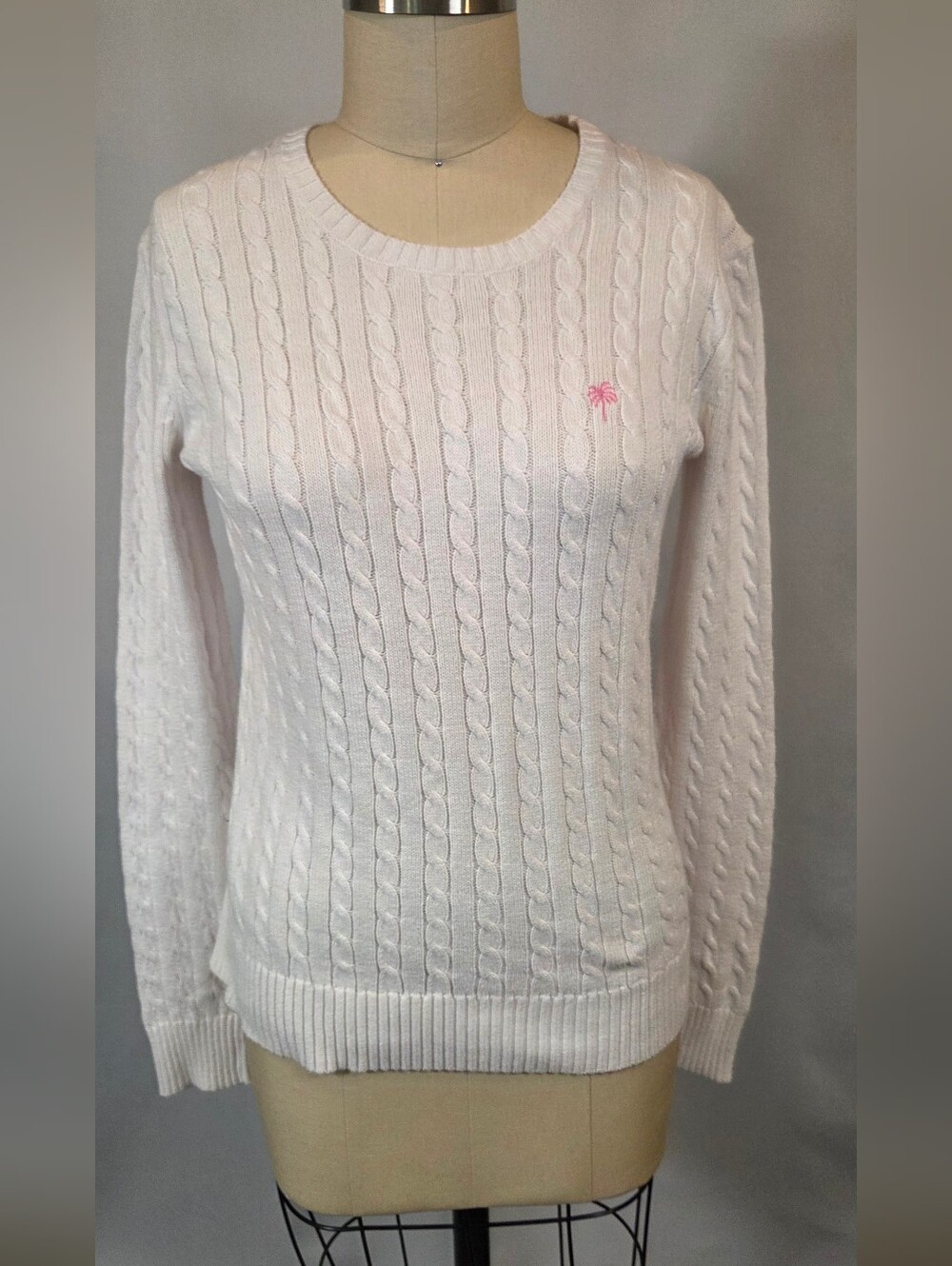 Lilly Pulitzer White Cable Knit Palm Tree Logo Pullover Sweater